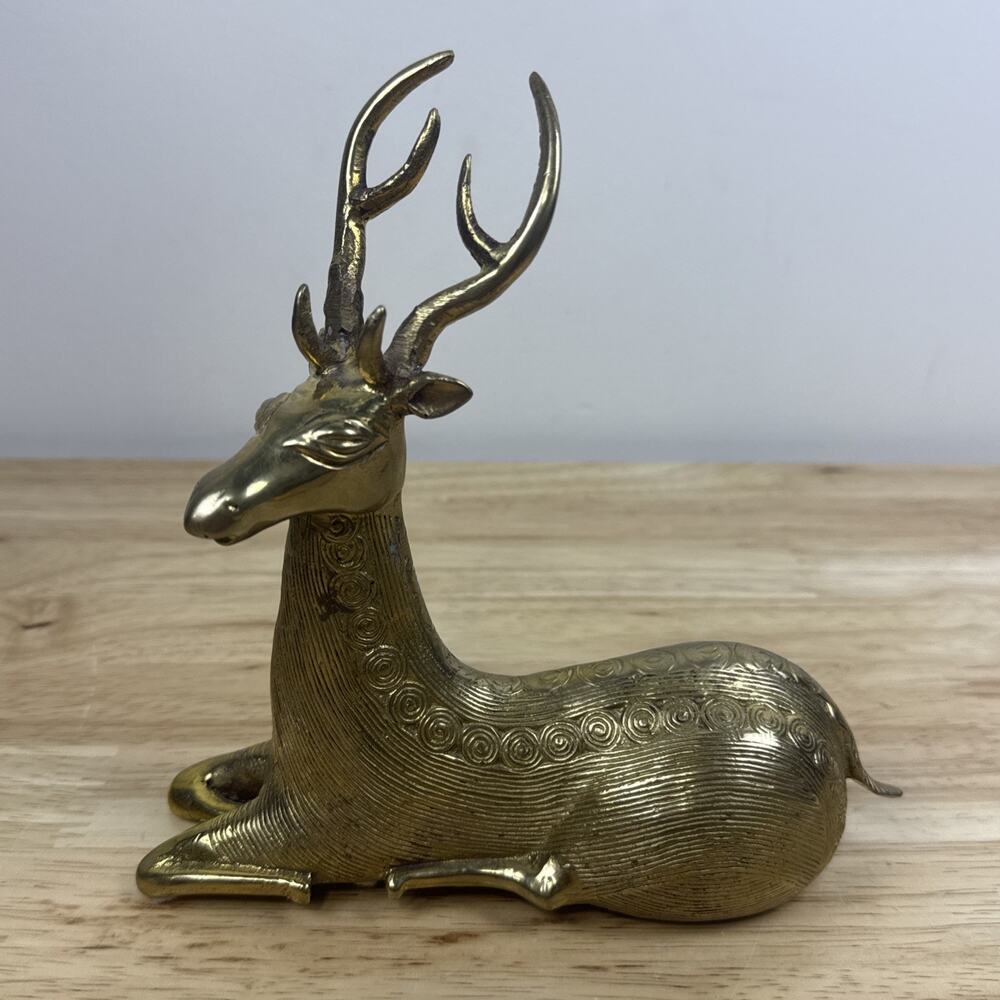 Large Solid Brass deer Laying Down Ornate Detail 7” Vintage Reindeer Christmas